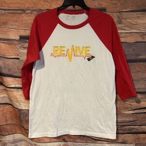 Revive Main White Red Raglan 3/4 Sleeve Baseball Tee Shirt Graphic Print Top